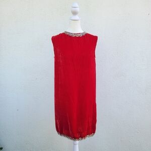 Vintage 60's Red Velvet Mini Shift Dress with Gold Sequin Trim Large